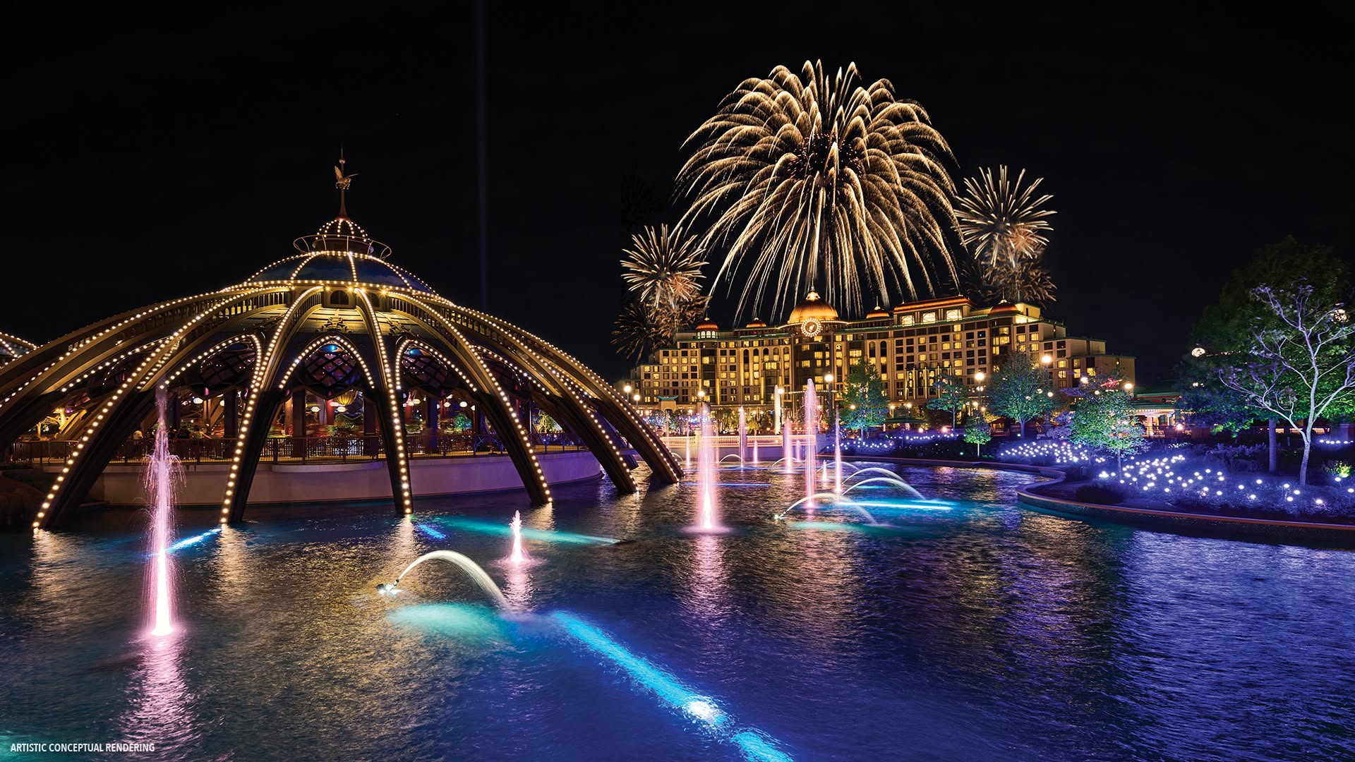 Universal Epic Universe theme park at night with fireworks